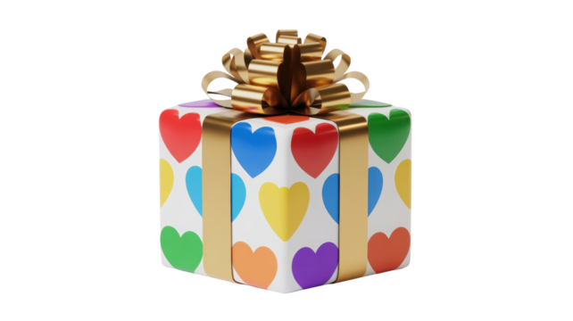 A brightly colored gift box adorned with a rainbow of heart shapes and a golden ribbon bow isolated on transparent background