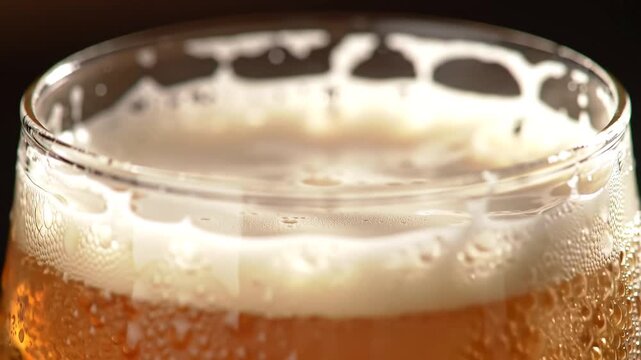 Closeup of a refreshing glass of golden beer with a thick layer of white foam and condensation on the glass showcasing the bubbly texture and cool inviting appearance of the alcoholic beverage.
