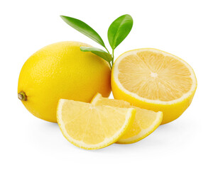 Fresh lemons and leaves isolated on white