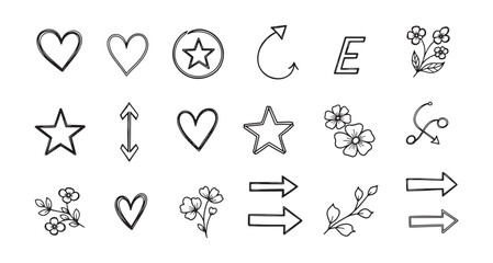 Minimalist Hand-Drawn Line Art Icon Set – Heart, Star, Moon, Sun, Flower, Leaf, and More Vector Symbols