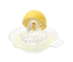 Glass juicer and fresh lemon isolated on white