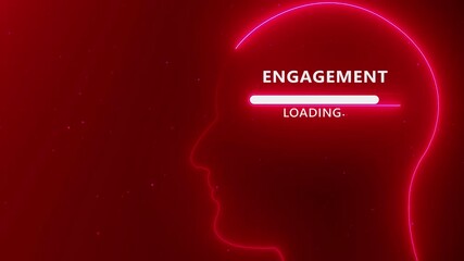 Engagement Text Loading Inside Neon Human Head Silhouette on Red Particle Background progress bar - Powered by Adobe
