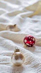 Fototapeta premium Winter holiday decorations on soft fabric surface with ornaments in focus, illuminated by gentle natural light