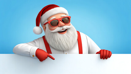 Cheerful santa claus wearing sunglasses and red suspenders pointing at a blank white sign against a blue background