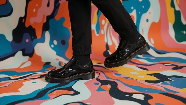 Close up of patent leather boots in vibrant abstract environment