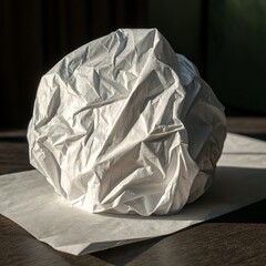 Abstract white crumpled paper ball reflecting light on smooth surface