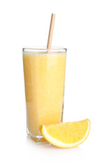 Yummy orange smoothie in glass isolated on white