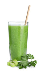 Yummy smoothie in glass and ingredients isolated on white