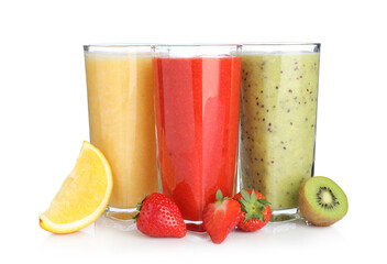 Different yummy smoothies in glasses and ingredients isolated on white