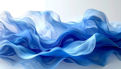 Flowing blue fabric creates dynamic, abstract waves against a white background