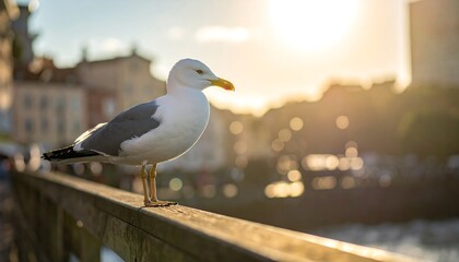 Obraz premium Seagull Perched on Railing with City Background.