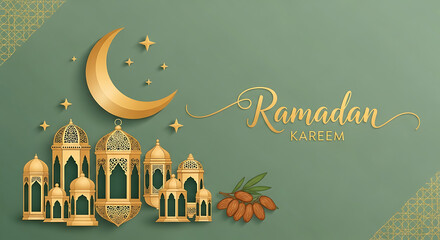 Festive Ramadan Kareem greeting card with golden crescent moon, lanterns, and dates on a green background.