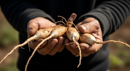 Hands holding freshly harvested medicinal roots demonstrating organic farming and natural health benefits