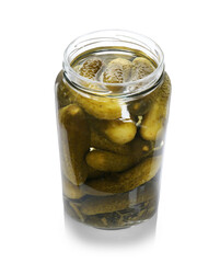 Pickled cucumbers in jar isolated on white
