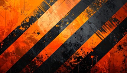 Diagonal black stripes over orange and gray grungy background with splatters and textures