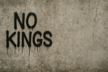 Graffiti text NO KINGS on textured concrete wall, revolution concept