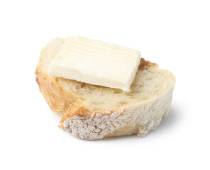 Slice of baguette with butter isolated on white