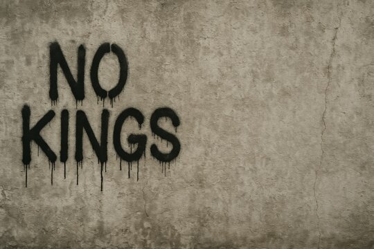 Graffiti text NO KINGS on textured concrete wall, revolution concept