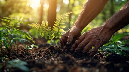 Hands planting sapling in forest sunlight