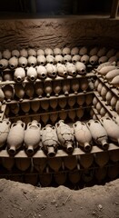 Obraz premium Ancient amphora storage room filled with historic pottery amphorae. Archeology and history concept for museum display.