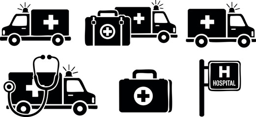 Emergency ambulance truck and hospital medical kit vector icons set with stethoscope and hospital sign