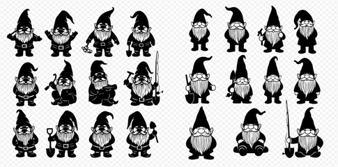 A collection of black and white gnome illustrations, each with unique poses and tools.