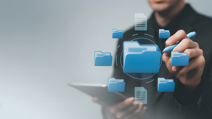 Organize your digital world with intuitive folder management and data organization visualized by a professional interacting with technology