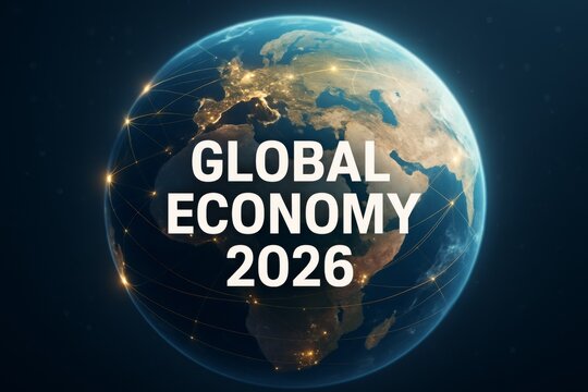 Global economy 2026 concept with earth view, digital connections, and light effects