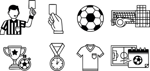 Soccer referee showing yellow card with football goal, trophy, medal, jersey, and tactics board vector icons collection