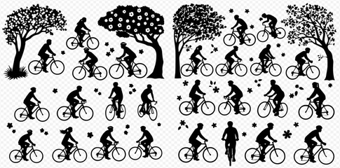 Silhouettes of cyclists riding bicycles under trees, creating a dynamic and nature-themed composition.