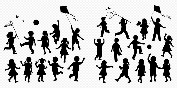 Silhouette illustration of children playing with kites, nets, and balls in various poses.