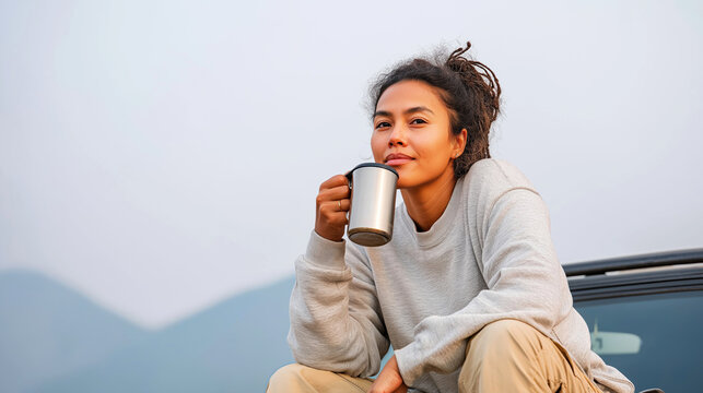 Woman sipping coffee beside overlanding vehicle