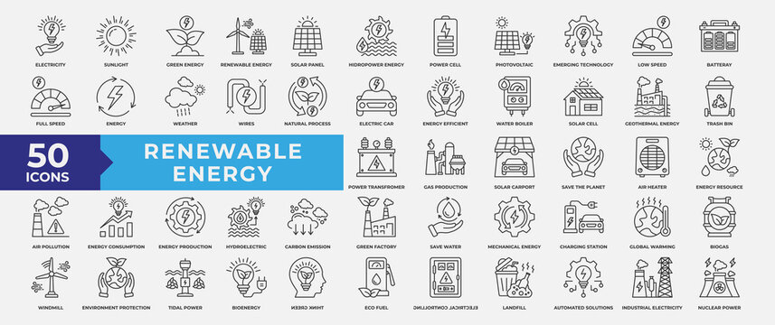 Renewable energy icon set with sunlight, energy, windmill, biofuel, electricity , biogas, green energy, hydropower, climate and solar panel. Simple Outline Vector Illustration.