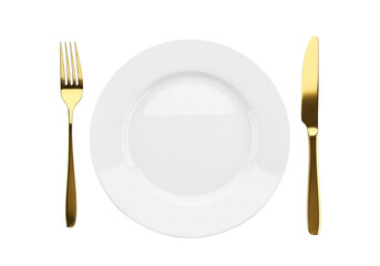 A white plate with a gold fork and knife