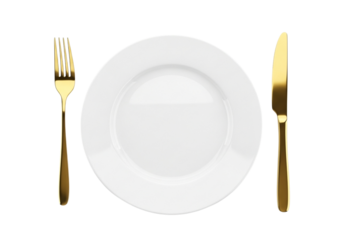 A white plate with a gold fork and knife