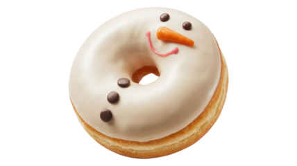 Whimsical snowman shaped donut with white icing and chocolate chip buttons isolated on transparent background