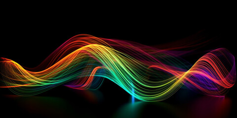 A dynamic wave of vibrant light streaks across a dark background, showcasing a spectrum of colors from red to green, creating a mesmerizing effect