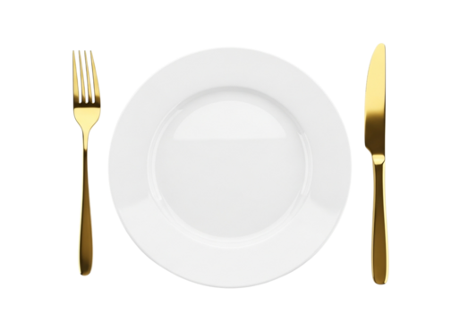 A white plate with a gold fork and knife - Powered by Adobe
