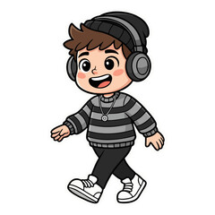Cartoon Illustration of a Boy with Headphones Walking, Full Body View