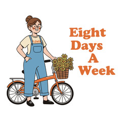 Cartoon woman in overalls and glasses stands with her bicycle, its basket filled with sunflowers, representing a happy, active, and bright daily spirit