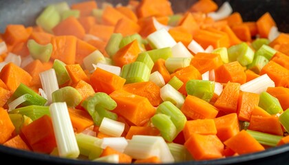 Diced carrots and celery with onions cooking in a pan, steam rising, close-up food preparation image
