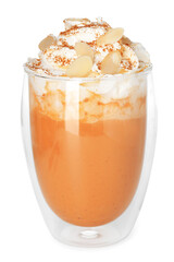 Tasty pumpkin spice latte isolated on white