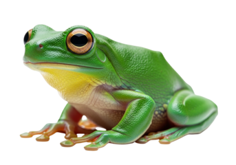 A bright green tree frog with large eyes and yellow throat