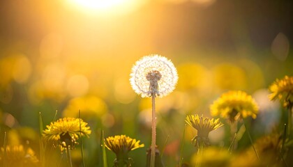 Dandelions blooming in a sunlit field, backlit and glowing with warmth