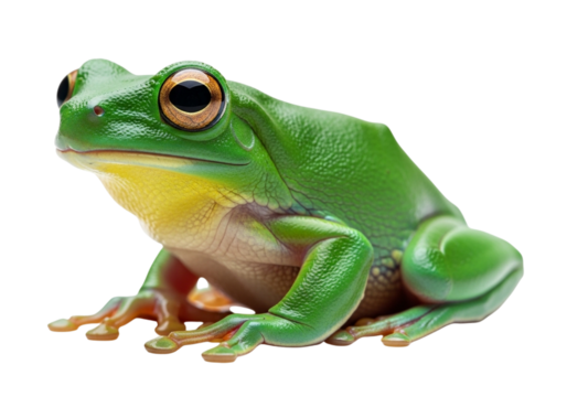 A bright green tree frog with large eyes and yellow throat