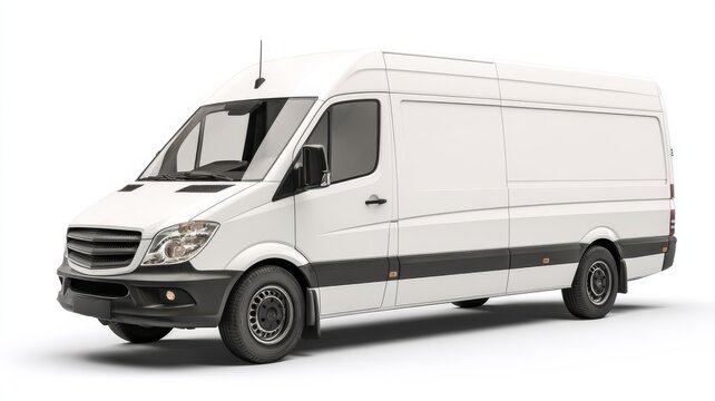 White delivery van isolated on white background, commercial transport vehicle for logistics, courier services, and urban freight transportation