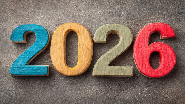 Colorful wooden numbers spelling out 2026 on a textured gray background, representing future planning and upcoming year expectations