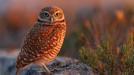 Majestic burrowing owl perched on rocky terrain at golden sunset, showcasing intricate feather details and piercing gaze against soft-focused natural background