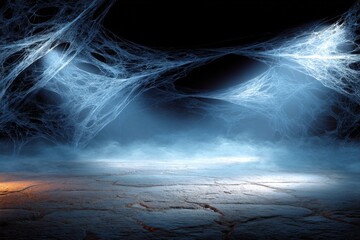 Mysterious void: an eerie backdrop for spooky season scenes. Poster illustration. Dark desolation: embracing the quiet of a concrete and smoke-laden void. Blockbuster poster. Cinematic poster.
