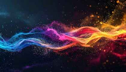 Flowing gradient of vibrant, colorful, abstract particles against a dark background creates a dynamic, energetic composition